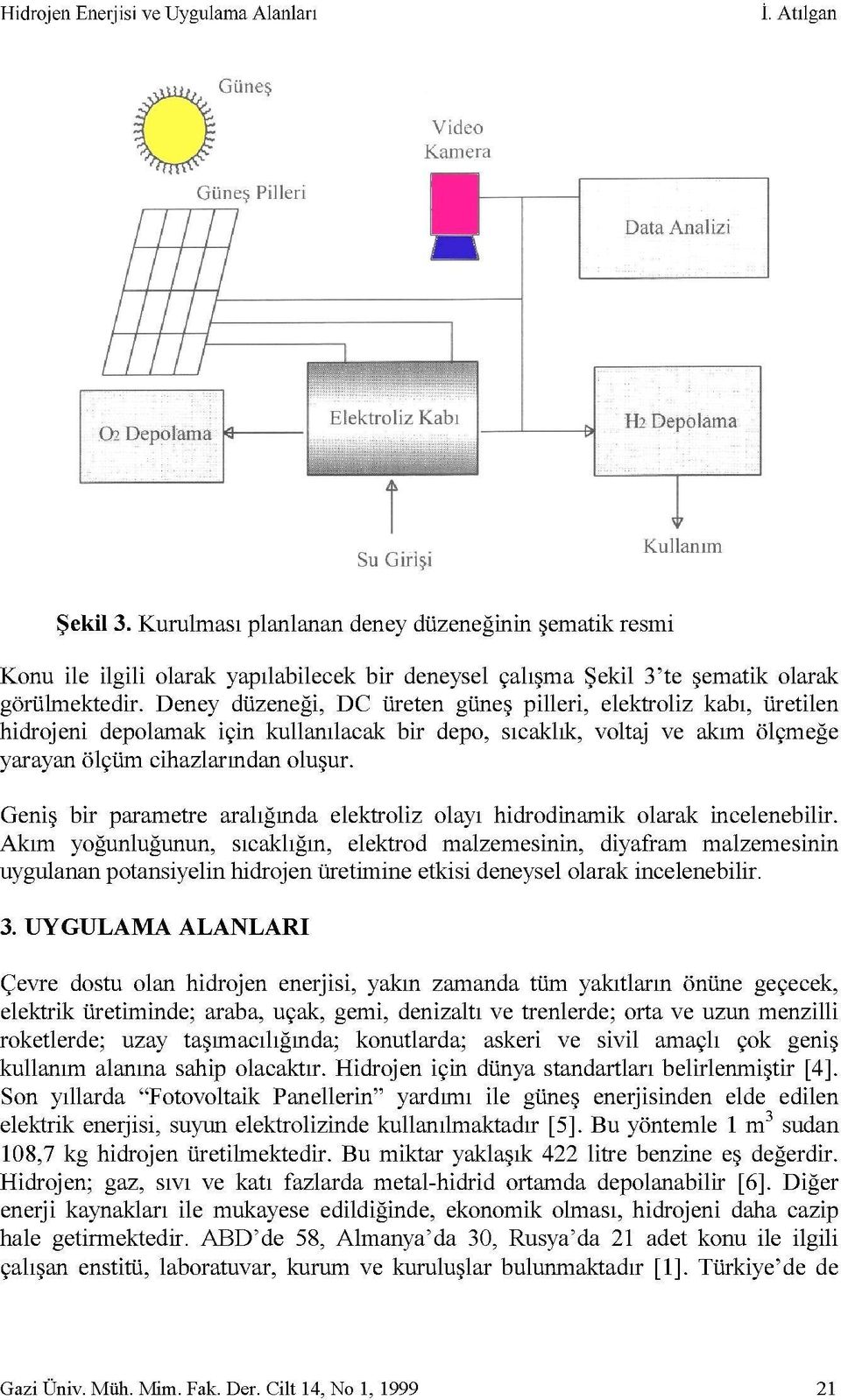 Deney düzeneği, DC üreten güneş pilleri, elektroliz kabı, üretilen hidrojeni depolamak için kullanılacak bir depo, sıcaklık, voltaj ve akım ölçmeğe yarayan ölçüm cihazlarından oluşur.