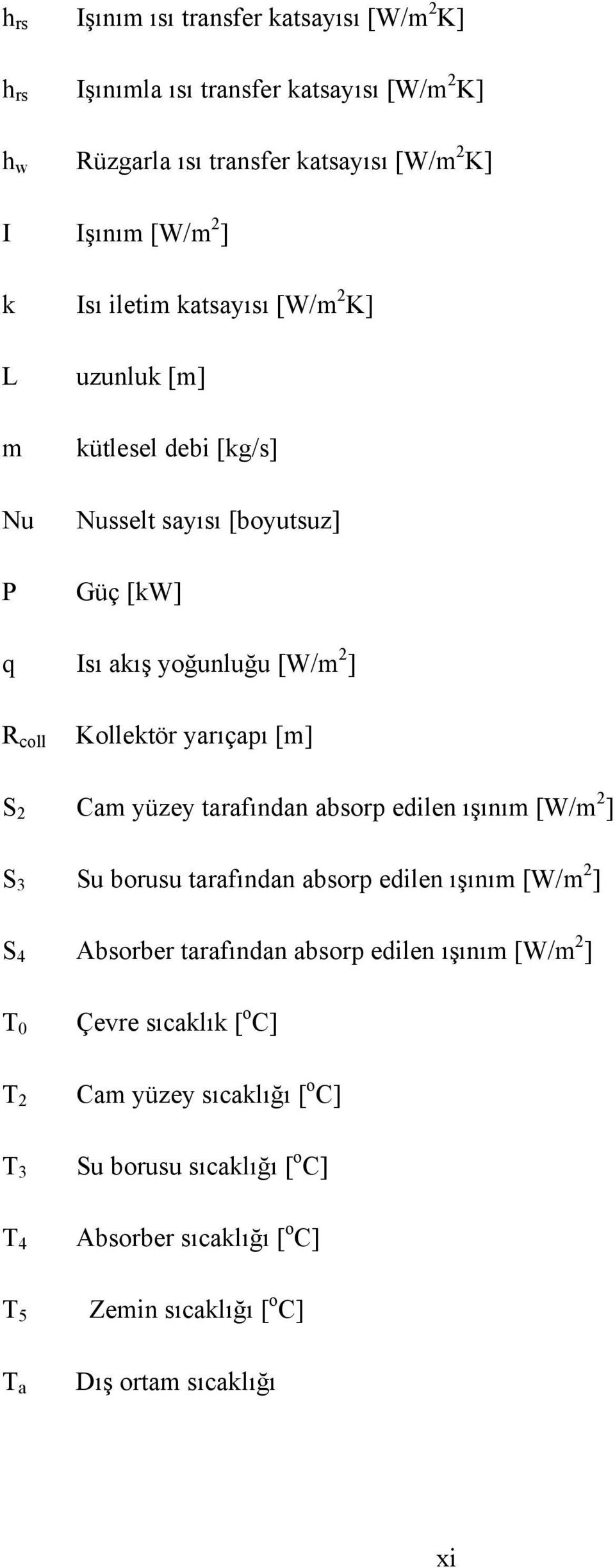 2 Cam yüzey tarafından absorp edilen ışınım [W/m 2 ] S 3 Su borusu tarafından absorp edilen ışınım [W/m 2 ] S 4 Absorber tarafından absorp edilen ışınım [W/m 2 ] T 0