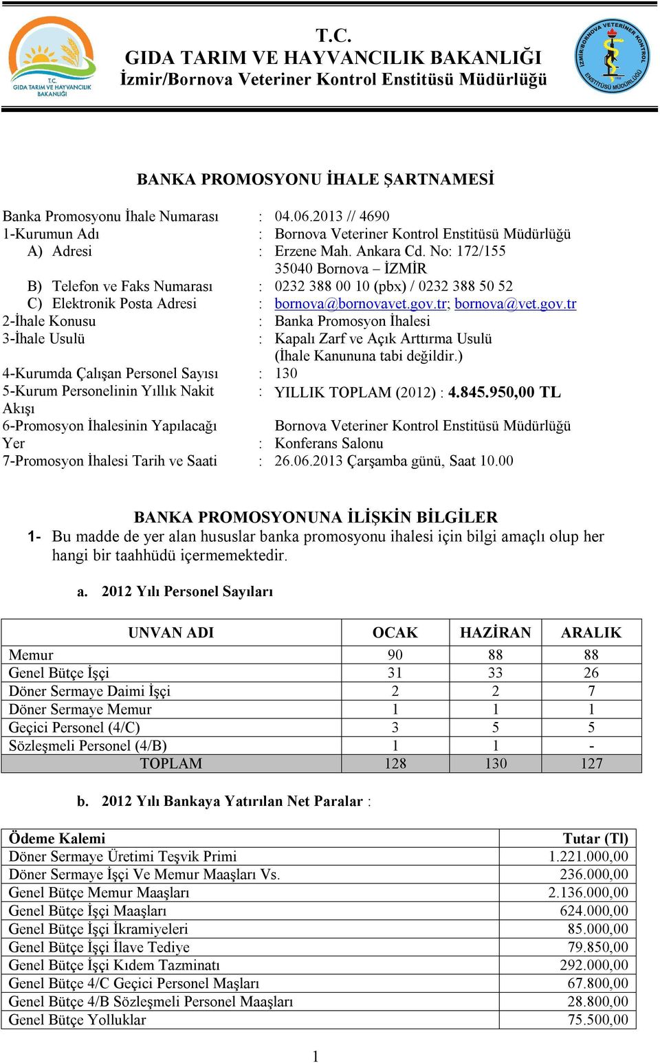 tr; bornova@vet.gov.tr 2-İhale Konusu : Banka Promosyon İhalesi 3-İhale Usulü : Kapalı Zarf ve Açık Arttırma Usulü (İhale Kanununa tabi değildir.