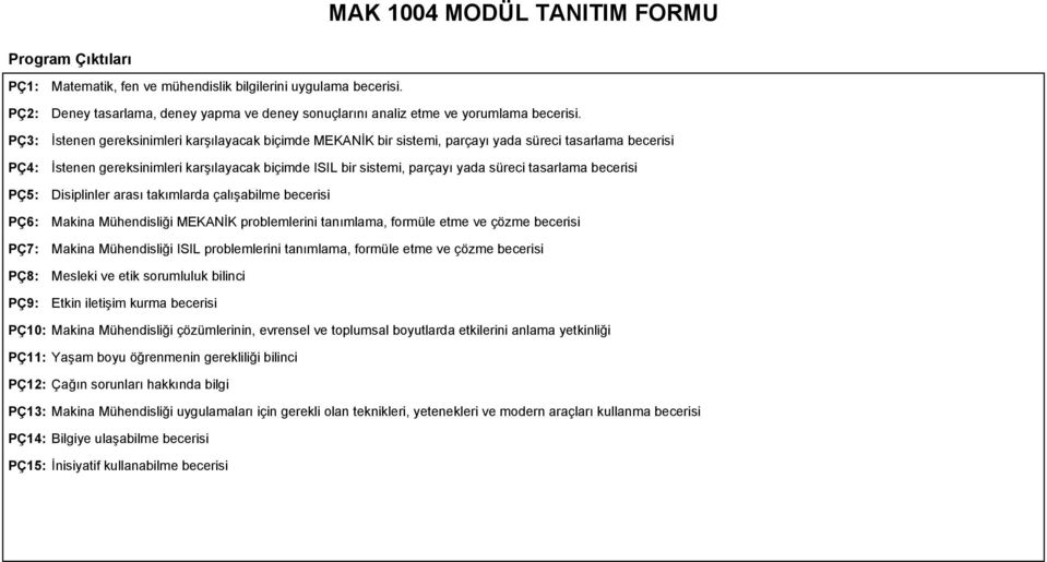 İstenen gereksinimleri karşılayacak biçimde MEKANİK bir sistemi, parçayı yada süreci tasarlama becerisi İstenen gereksinimleri karşılayacak biçimde ISIL bir sistemi, parçayı yada süreci tasarlama