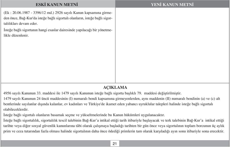 1479 say l Kanunun 24 üncü maddesinin (I) numaral bendi kapsam na girmeyenlerden, ayn maddenin (II) numaral bendinin (a) ve (c) alt bentlerinde say lanlar d fl nda kalanlar, ev kad nlar ve Türkiye'de