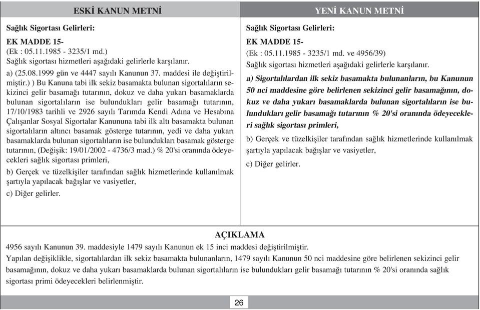 ) ) Bu Kanuna tabi ilk sekiz basamakta bulunan sigortal lar n sekizinci gelir basama tutar n n, dokuz ve daha yukar basamaklarda bulunan sigortal lar n ise bulunduklar gelir basama tutar n n,