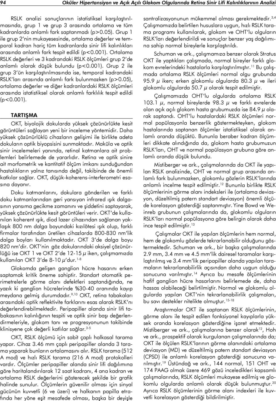 Grup 1 ile grup 2 nin mukayesesinde, ortalama değerler ve temporal kadran hariç tüm kadranlarda sinir lifi kalınlıkları arasında anlamlı fark tespit edildi (p<0.001).