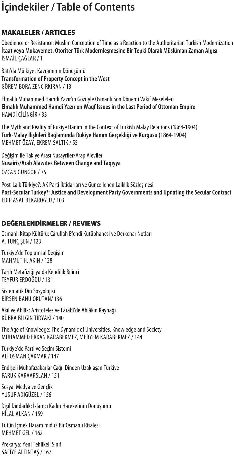 Modernleşmesine Bir Tepki Olarak Müslüman Zaman Algısı İSMAIL ÇAĞLAR / 1 Batı da Mülkiyet Kavramının Dönüşümü Transformation of Property Concept in the West GÖREM BORA ZENCIRKIRAN / 13 Elmalılı