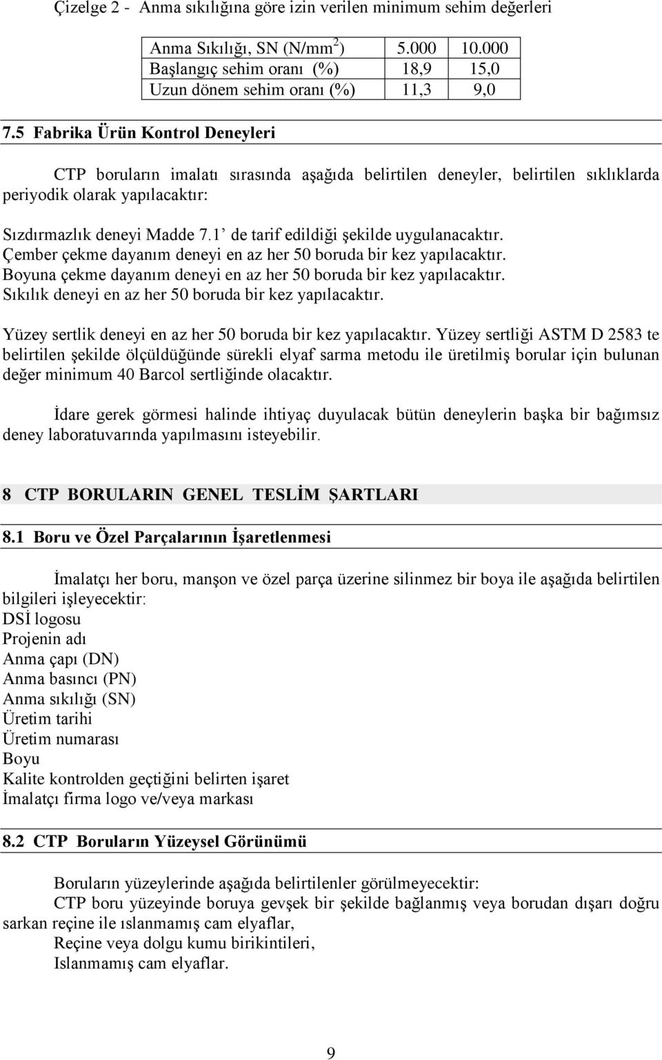 Sızdırmazlık deneyi Madde 7.1 de tarif edildiği şekilde uygulanacaktır. Çember çekme dayanım deneyi en az her 50 boruda bir kez yapılacaktır.