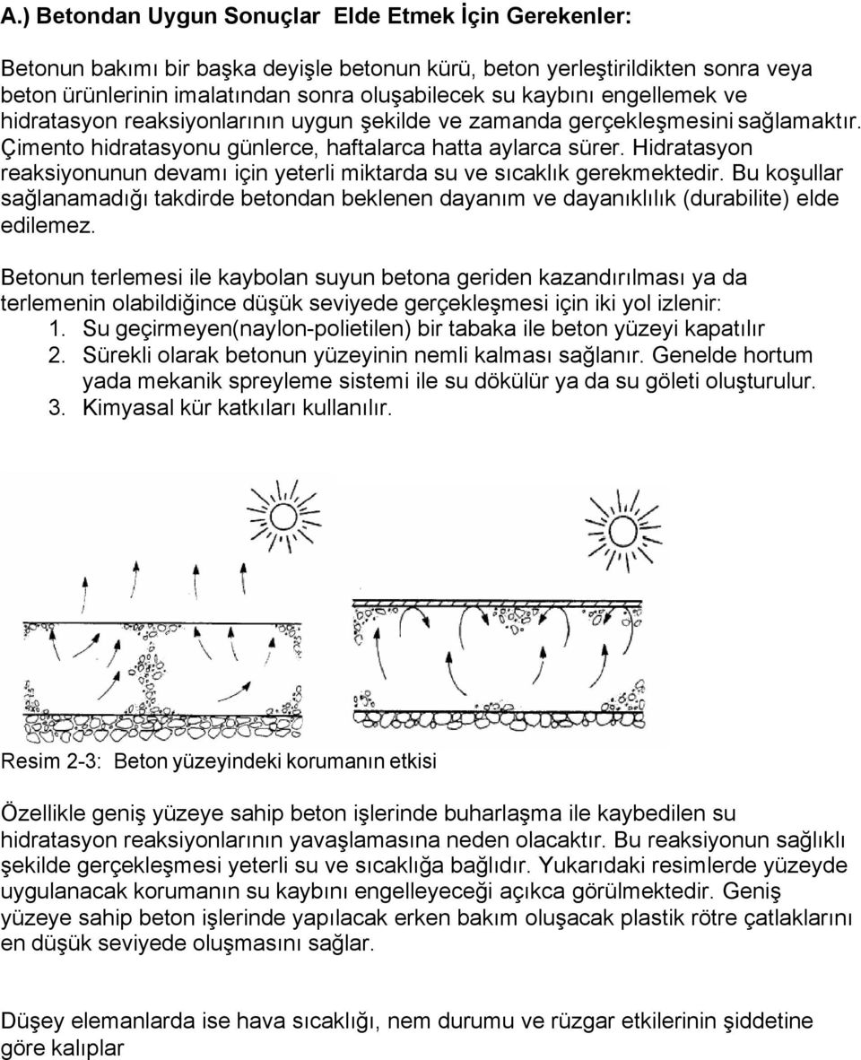 Hidratasyon reaksiyonunun devamı için yeterli miktarda su ve sıcaklık gerekmektedir. Bu koşullar sağlanamadığı takdirde betondan beklenen dayanım ve dayanıklılık (durabilite) elde edilemez.