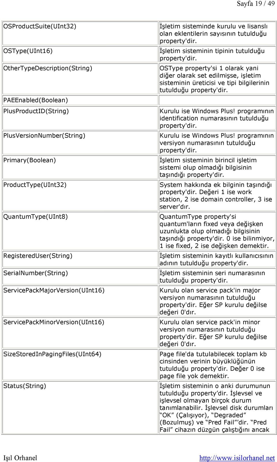 ve lisanslı olan eklentilerin sayısının tutulduğu İşletim sisteminin tipinin tutulduğu OSType property'si 1 olarak yani diğer olarak set edilmişse, işletim sisteminin üreticisi ve tipi bilgilerinin