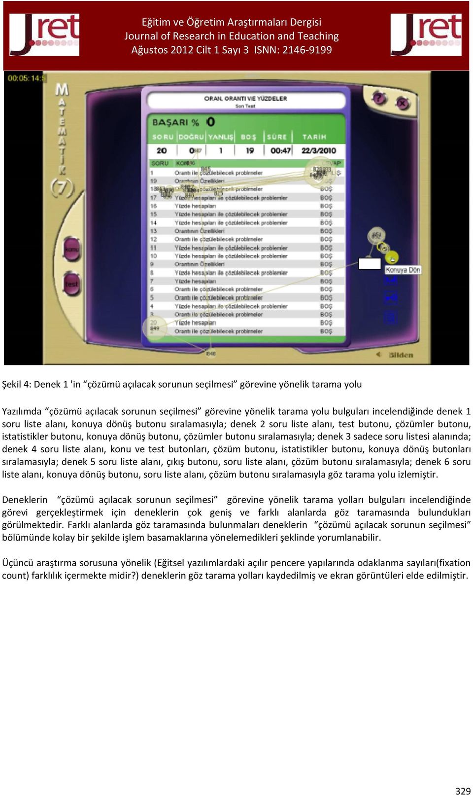 listesi alanında; denek 4 soru liste alanı, konu ve test butonları, çözüm butonu, istatistikler butonu, konuya dönüş butonları sıralamasıyla; denek 5 soru liste alanı, çıkış butonu, soru liste alanı,