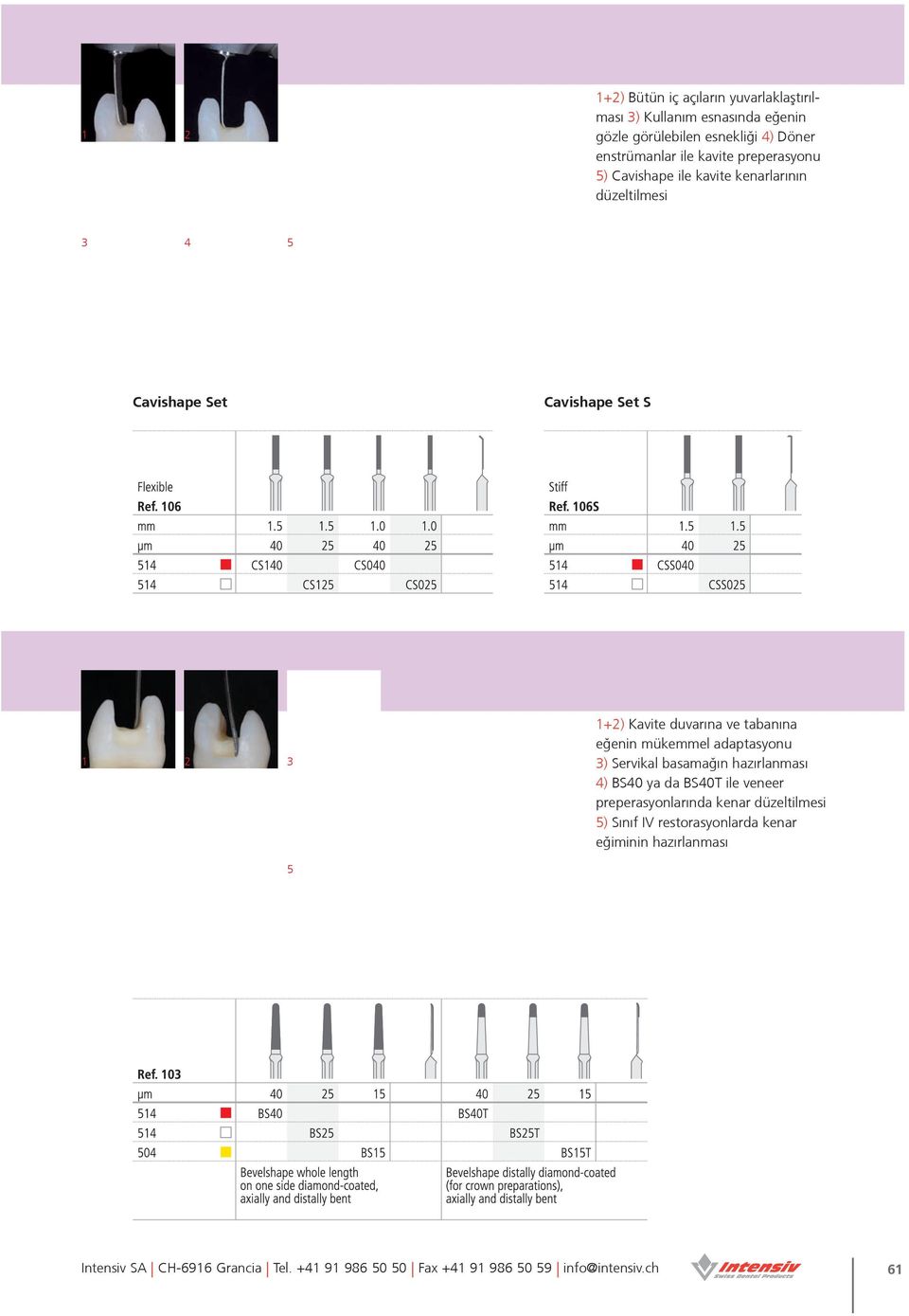 Set S 1 2 3 1+2) Kavite duvarına ve tabanına eğenin mükemmel adaptasyonu 3) Servikal basamağın hazırlanması 4) BS40