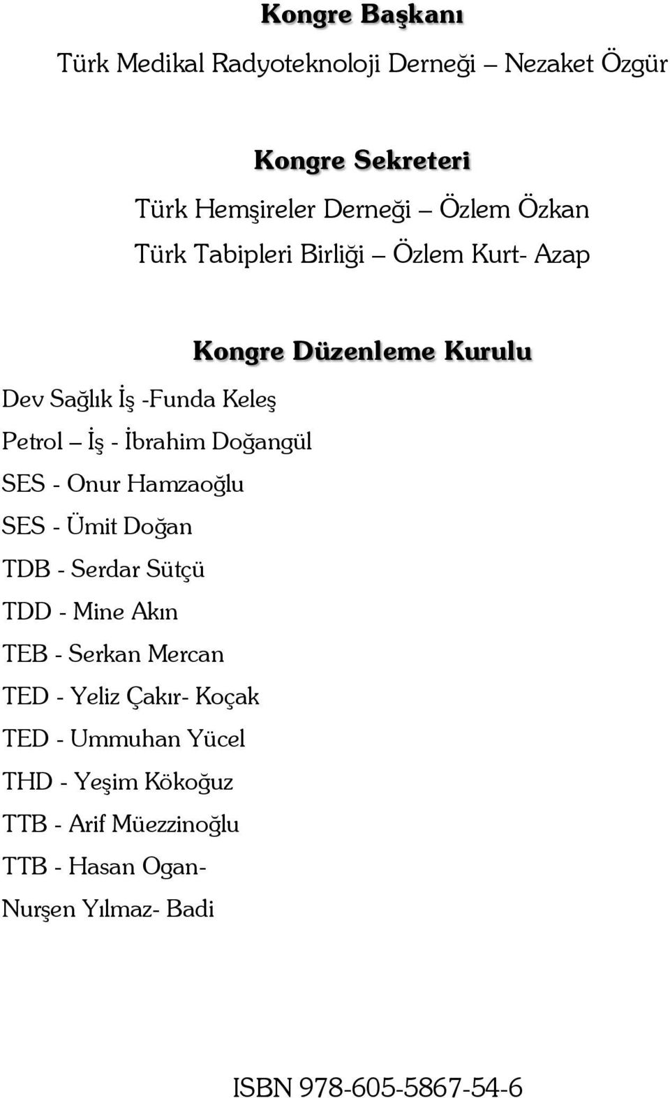 SES - Onur Hamzaoğlu SES - Ümit Doğan TDB - Serdar Sütçü TDD - Mine Akın TEB - Serkan Mercan TED - Yeliz Çakır- Koçak