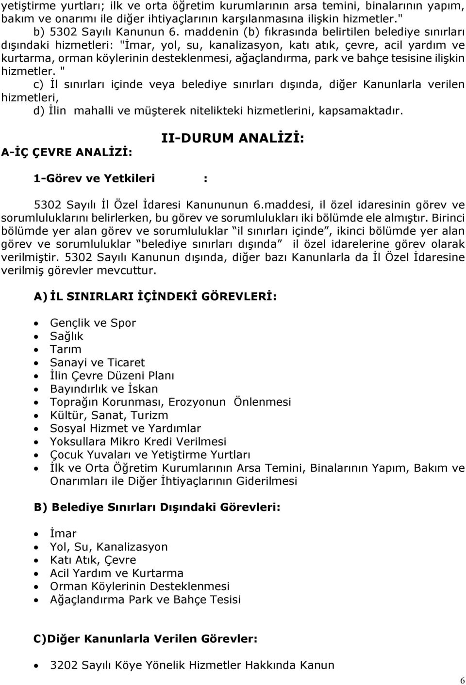 ve bahçe tesisine ilişkin hizmetler. " c) İl sınırları içinde veya belediye sınırları dışında, diğer Kanunlarla verilen hizmetleri, d) İlin mahalli ve müşterek nitelikteki hizmetlerini, kapsamaktadır.