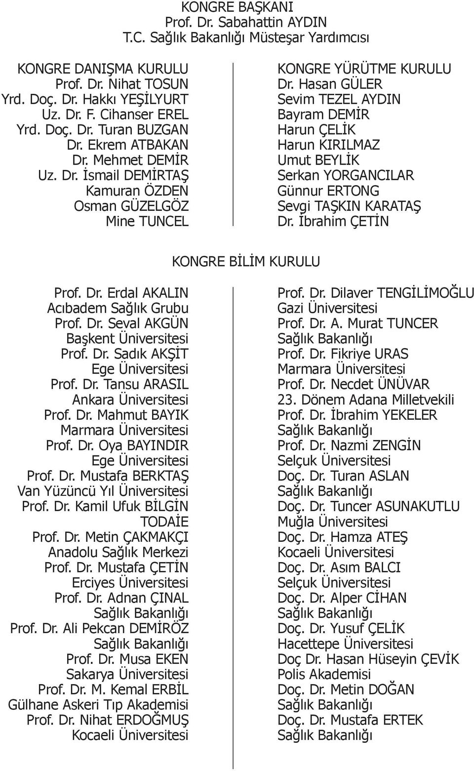 Hasan GÜLER Sevim TEZEL AYDIN Bayram DEMİR Harun ÇELİK Harun KIRILMAZ Umut BEYLİK Serkan YORGANCILAR Günnur ERTONG Sevgi TAŞKIN KARATAŞ Dr. İbrahim ÇETİN KONGRE BİLİM KURULU Prof. Dr. Erdal AKALIN Acıbadem Sağlık Grubu Prof.