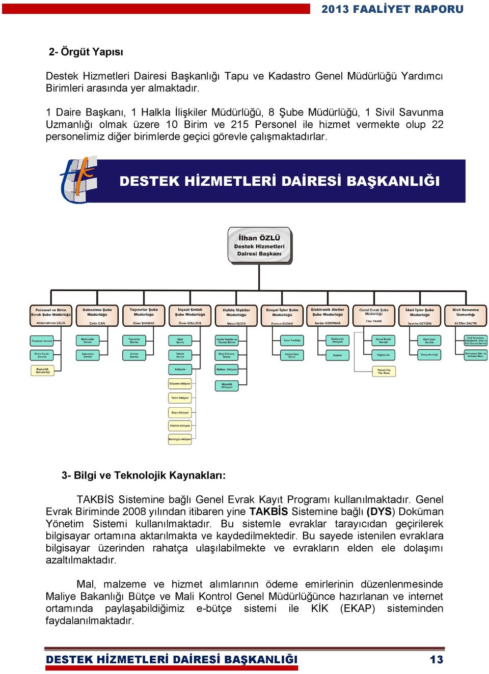 görevle çalışmaktadırlar. 3- Bilgi ve Teknolojik Kaynakları: TAKBİS Sistemine bağlı Genel Evrak Kayıt Programı kullanılmaktadır.