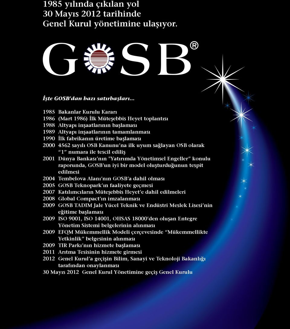 4562 sayılı OSB Kanunu na ilk uyum sağlayan OSB olarak 1 numara ile tescil ediliş 2001 Dünya Bankası nın "Yatırımda Yönetimsel Engeller konulu raporunda, GOSB un iyi bir model oluşturduğunun tespit