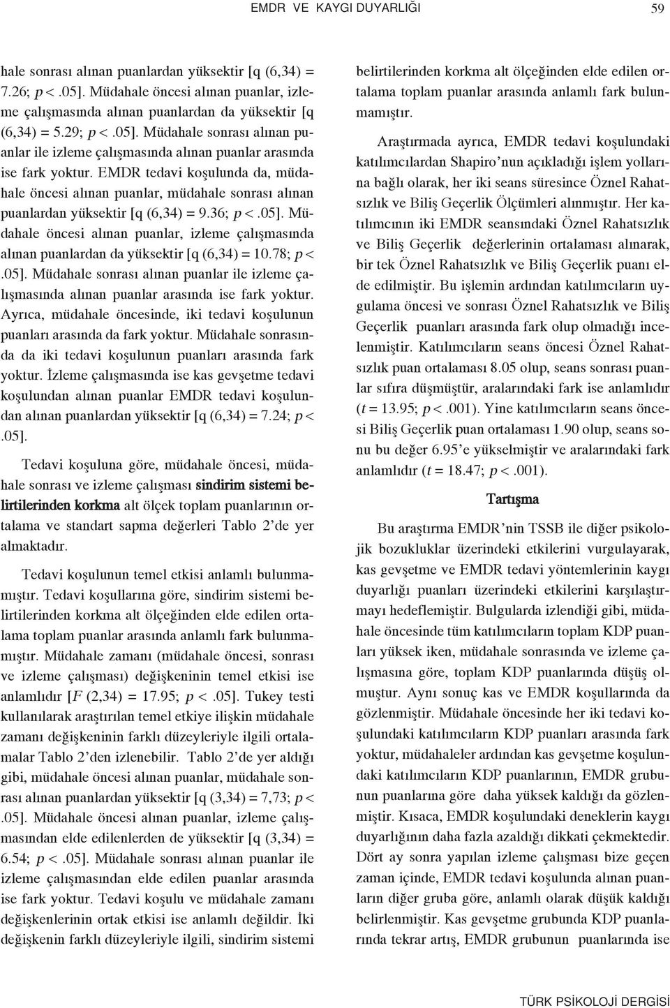 EMDR tedavi koflulunda da, müdahale öncesi al nan puanlar, müdahale sonras al nan puanlardan yüksektir [q (6,34) = 9.36; p <.05].