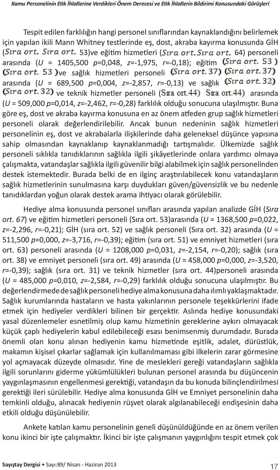 hizmetleri personeli arasında (U = 689,500 p=0,004, z=-2,857, r=-0,13) ve sağlık ve teknik hizmetler personeli ( arasında (U = 509,000 p=0,014, z=-2,462, r=-0,28) farklılık olduğu sonucuna