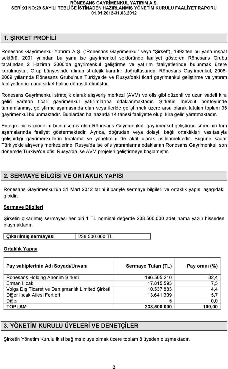 Grup bünyesinde alınan stratejik kararlar doğrultusunda, Rönesans, 2008-2009 yıllarında Rönesans Grubu'nun Türkiye de ve Rusya daki ticari gayrimenkul geliştirme ve yatırım faaliyetleri için ana