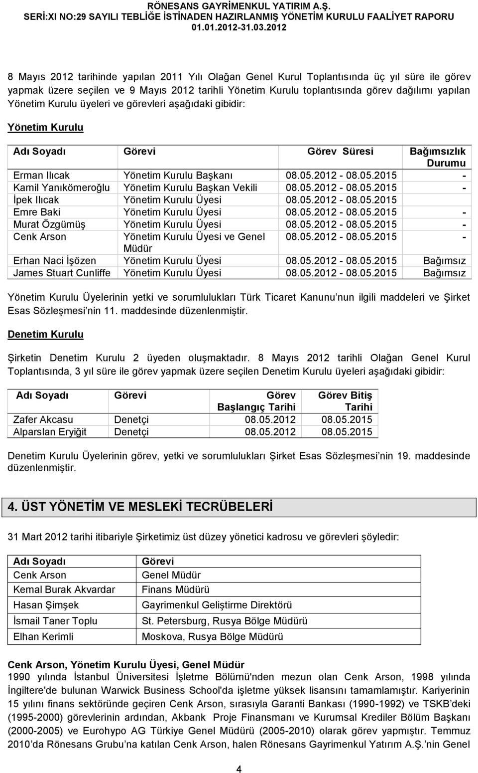 2012-08.05.2015 - Kamil Yanıkömeroğlu Yönetim Kurulu Başkan Vekili 08.05.2012-08.05.2015 - İpek Ilıcak Yönetim Kurulu Üyesi 08.05.2012-08.05.2015 Emre Baki Yönetim Kurulu Üyesi 08.05.2012-08.05.2015 - Murat Özgümüş Yönetim Kurulu Üyesi 08.