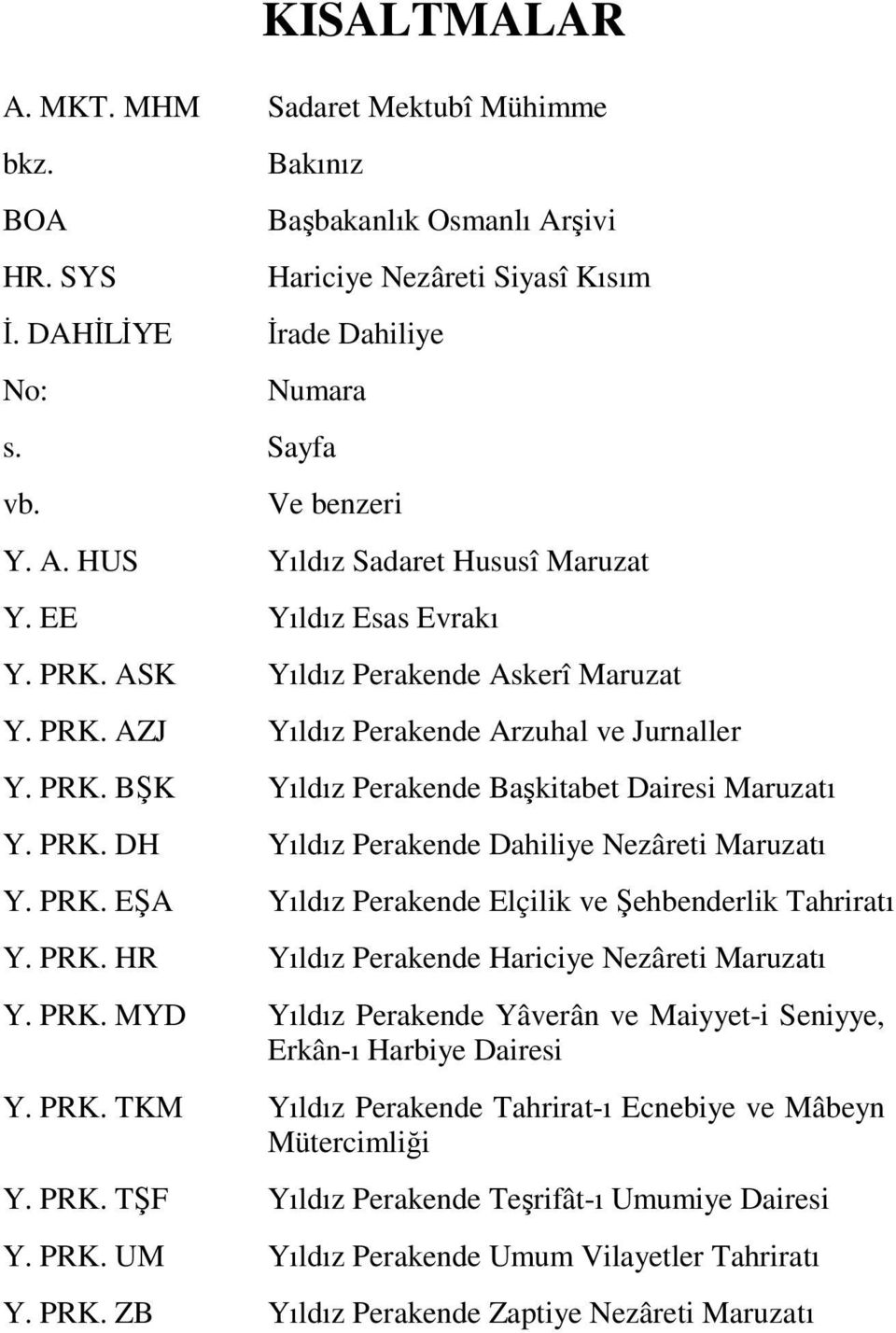 PRK. EŞA Yıldız Perakende Elçilik ve Şehbenderlik Tahriratı Y. PRK. HR Yıldız Perakende Hariciye Nezâreti Maruzatı Y. PRK. MYD Yıldız Perakende Yâverân ve Maiyyet-i Seniyye, Erkân-ı Harbiye Dairesi Y.