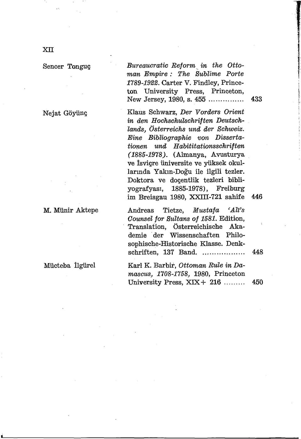 Eine Bibliographie von Dissertationen und H abititationsschriften (1885-1978). (Almanya, Avusturya ve İsviçre üniversite ve yüksek okullarında Yakm-Doğu ile ilgili tezler.