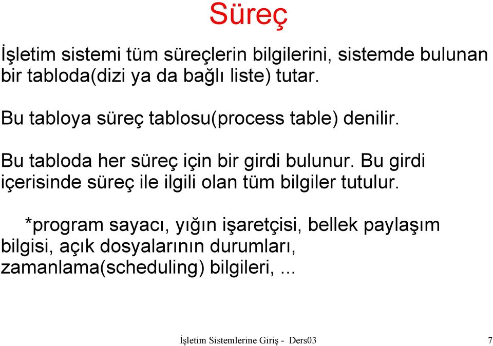 Bu girdi içerisinde süreç ile ilgili olan tüm bilgiler tutulur.