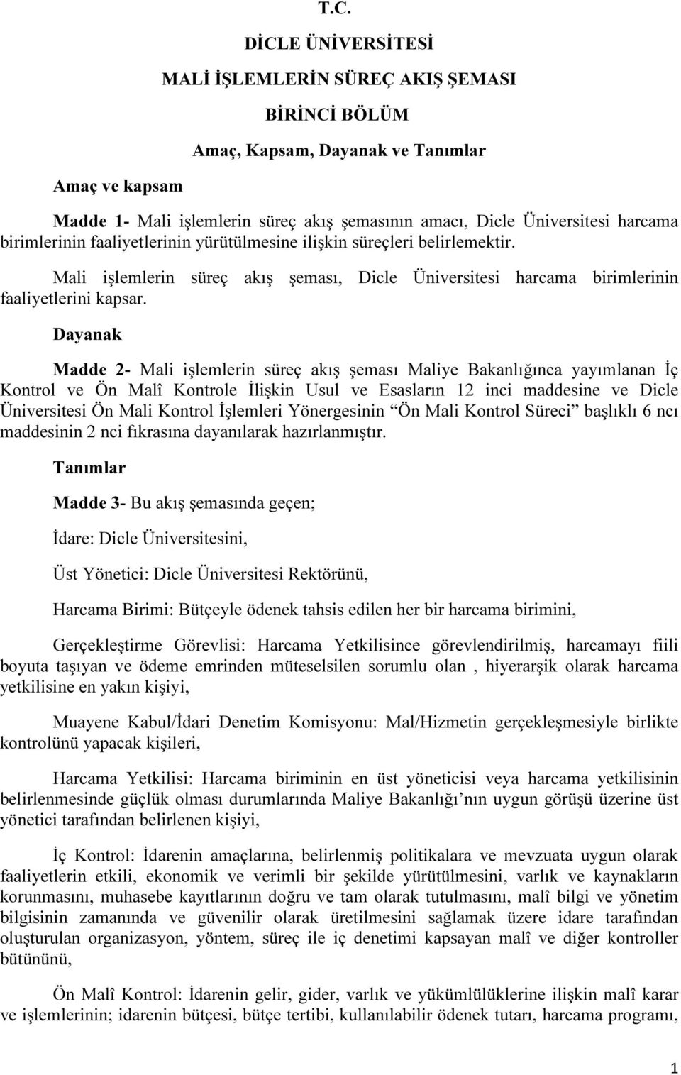 faaliyetlerinin yürütülmesine ilişkin süreçleri belirlemektir. Mali işlemlerin süreç akış şeması, Dicle Üniversitesi harcama birimlerinin faaliyetlerini kapsar.