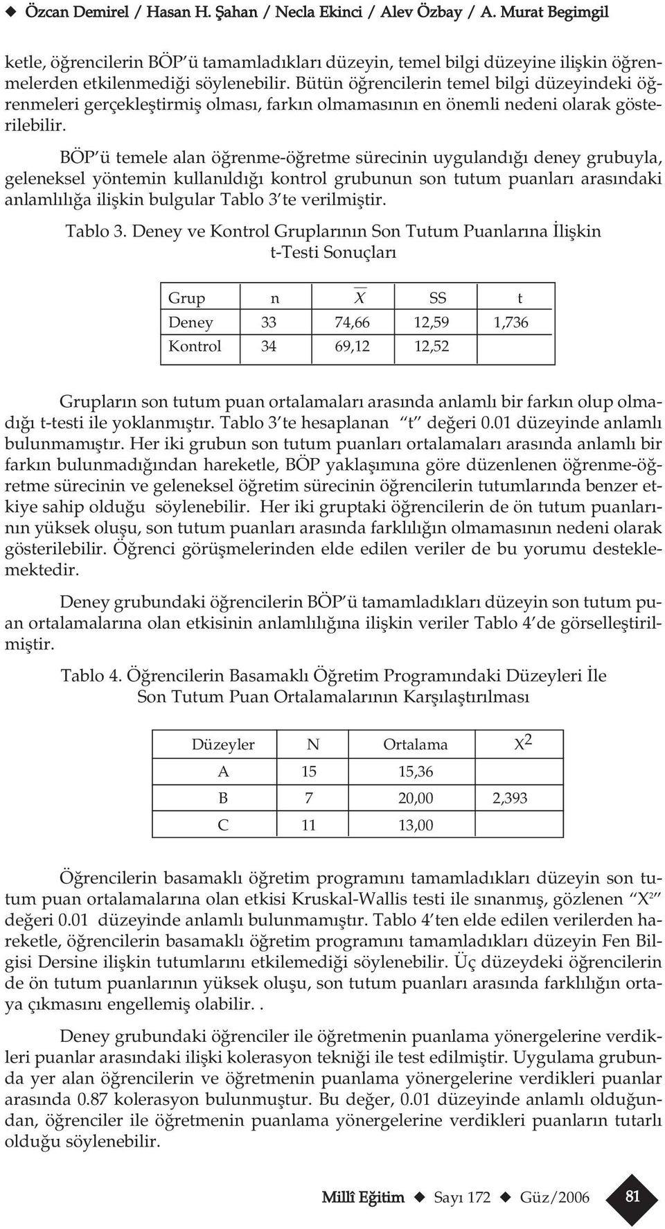 Bütün ö rencilerin temel bilgi düzeyindeki ö renmeleri gerçeklefltirmifl olmas, fark n olmamas n n en önemli nedeni olarak gösterilebilir.