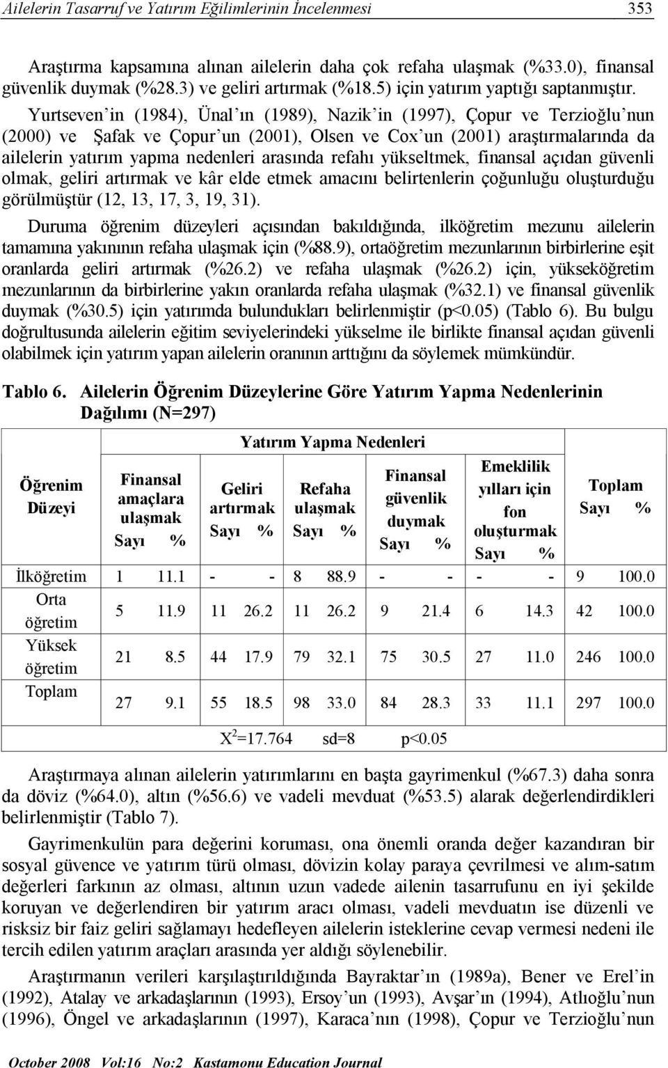 Yurtseven in (1984), Ünal ın (1989), Nazik in (1997), Çopur ve Terzioğlu nun (2000) ve Şafak ve Çopur un (2001), Olsen ve Cox un (2001) araştırmalarında da ailelerin yatırım yapma nedenleri arasında