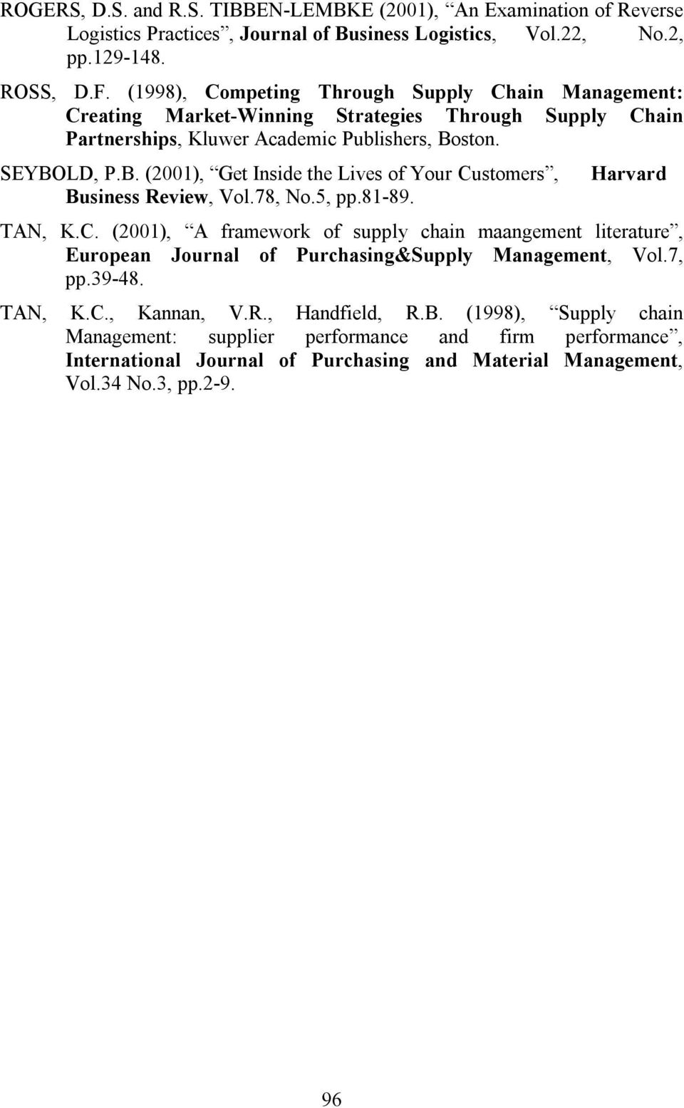 ston. SEYBOLD, P.B. (2001), Get Inside the Lives of Your Customers, Business Review, Vol.78, No.5, pp.81-89. Harvard TAN, K.C. (2001), A framework of supply chain maangement literature, European Journal of Purchasing&Supply Management, Vol.