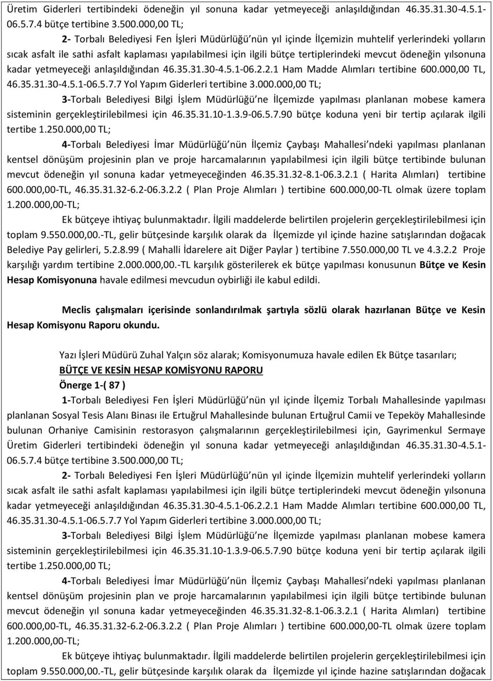 mevcut ödeneğin yılsonuna kadar yetmeyeceği anlaşıldığından 46.35.31.30-4.5.1-06.2.2.1 Ham Madde Alımları tertibine 600.000,