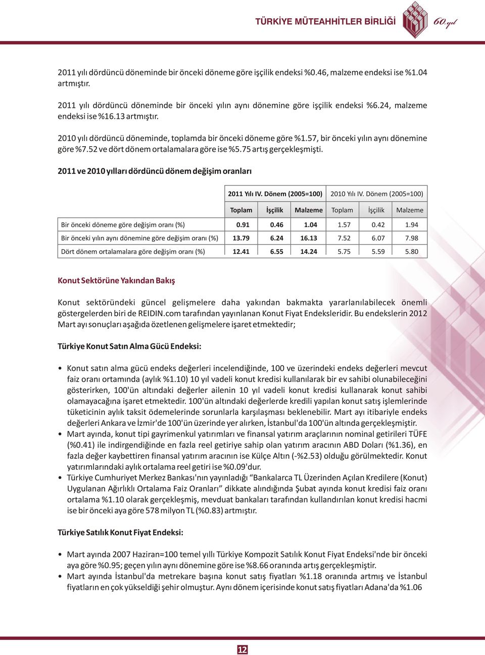 57, bir önceki yılın aynı dönemine göre %7.52 ve dört dönem ortalamalara göre ise %5.75 artış gerçekleşmişti. 2011 ve 2010 yılları dördüncü dönem değişim oranları 2011 Yılı IV.