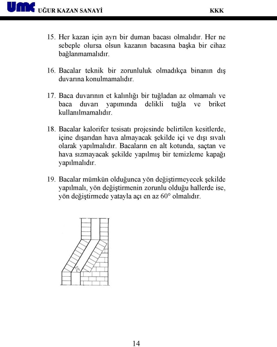 Baca duvarının et kalınlığı bir tuğladan az olmamalı ve baca duvarı yapımında delikli tuğla ve briket kullanılmamalıdır. 18.