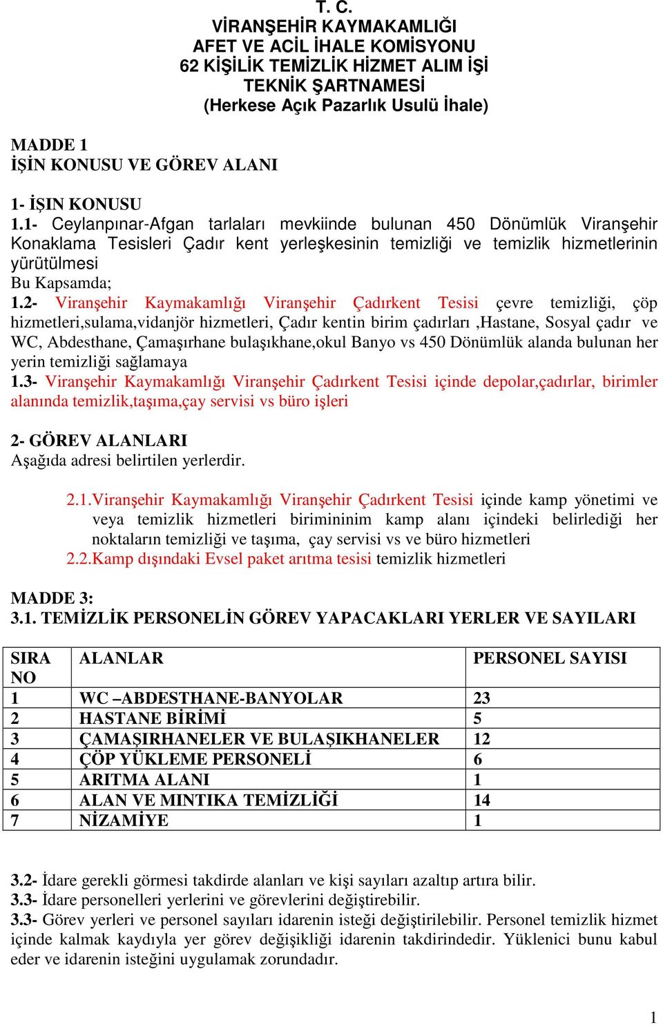 1- Ceylanpınar-Afgan tarlaları mevkiinde bulunan 450 Dönümlük Viranşehir Konaklama Tesisleri Çadır kent yerleşkesinin temizliği ve temizlik hizmetlerinin yürütülmesi Bu Kapsamda; 1.