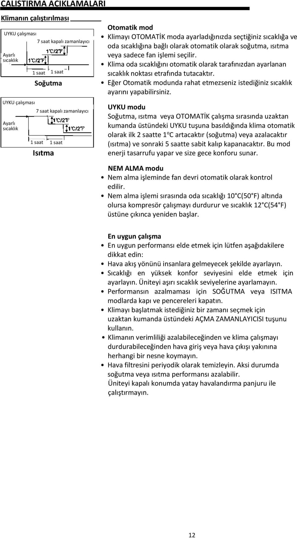 Klima oda sıcaklığını otomatik olarak tarafınızdan ayarlanan sıcaklık noktası etrafında tutacaktır. Eğer Otomatik modunda rahat etmezseniz istediğiniz sıcaklık ayarını yapabilirsiniz.