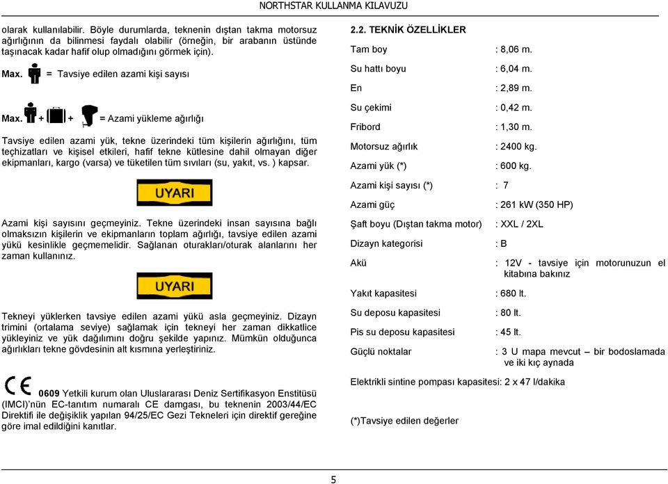 + + = Azami yükleme ağırlığı Tavsiye edilen azami yük, tekne üzerindeki tüm kişilerin ağırlığını, tüm teçhizatları ve kişisel etkileri, hafif tekne kütlesine dahil olmayan diğer ekipmanları, kargo