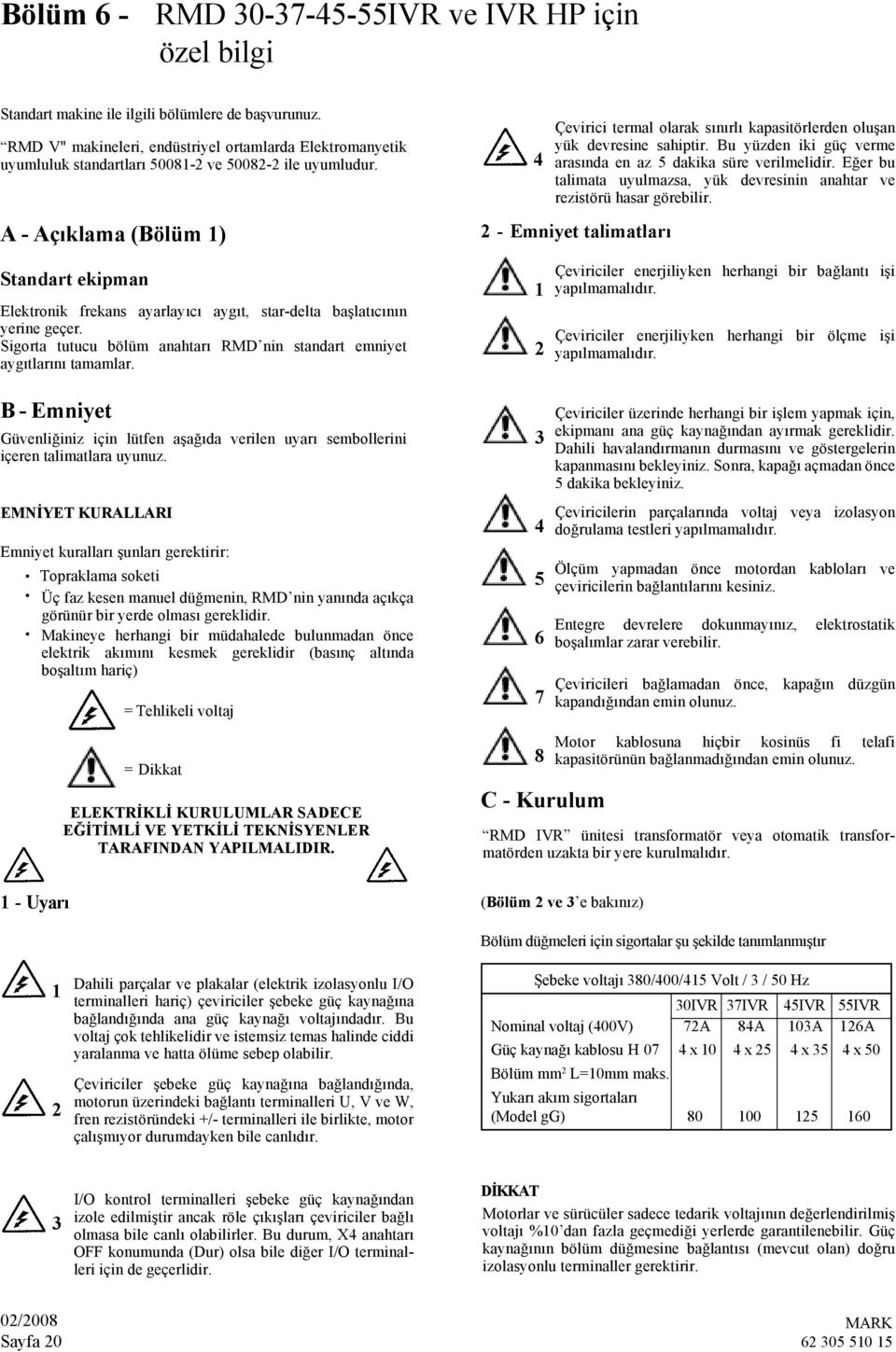 A - Açıklama (Bölüm 1) 4 Çevirici termal olarak sınırlı kapasitörlerden oluşan yük devresine sahiptir. Bu yüzden iki güç verme arasında en az 5 dakika süre verilmelidir.