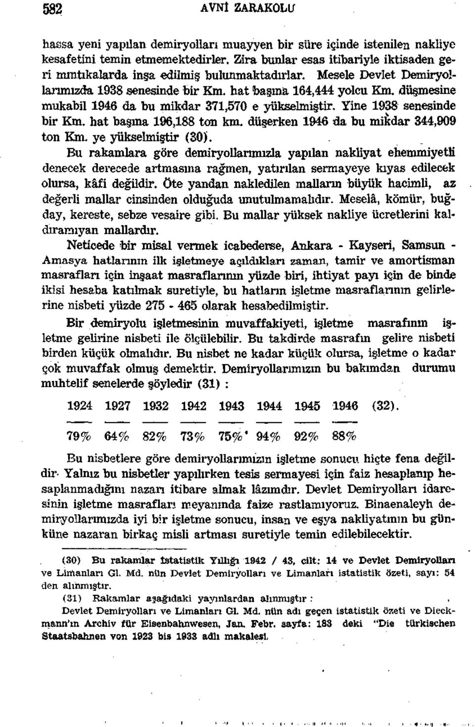 düşmesine mukabil 1946 da bu mikdar 371,570 e yükselmiştir. Yine 1938 senesinde bir Km. hat başına 196,188 ton km. düşerken 1946 da bu mikdar 344,909 ton Km. ye yükselmiştir (30).