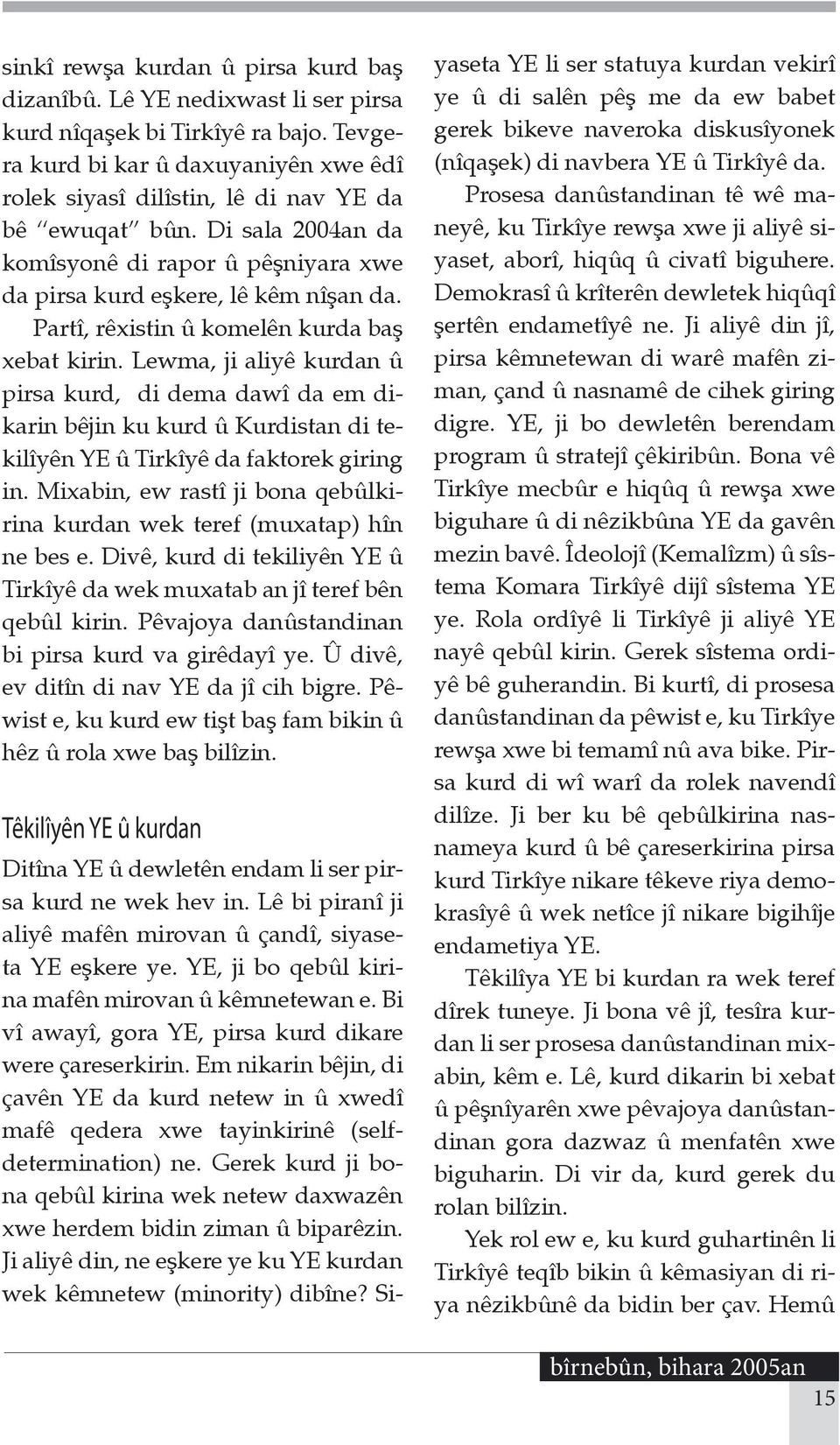 Partî, rêxistin û komelên kurda baş xebat kirin. Lewma, ji aliyê kurdan û pirsa kurd, di dema dawî da em dikarin bêjin ku kurd û Kurdistan di tekilîyên YE û Tirkîyê da faktorek giring in.