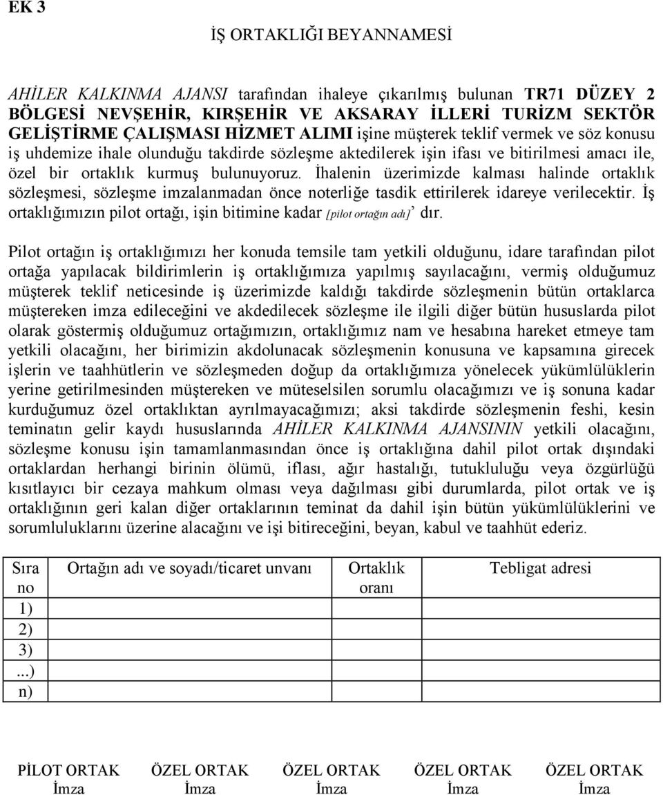 İhalenin üzerimizde kalması halinde ortaklık sözleşmesi, sözleşme imzalanmadan önce noterliğe tasdik ettirilerek idareye verilecektir.