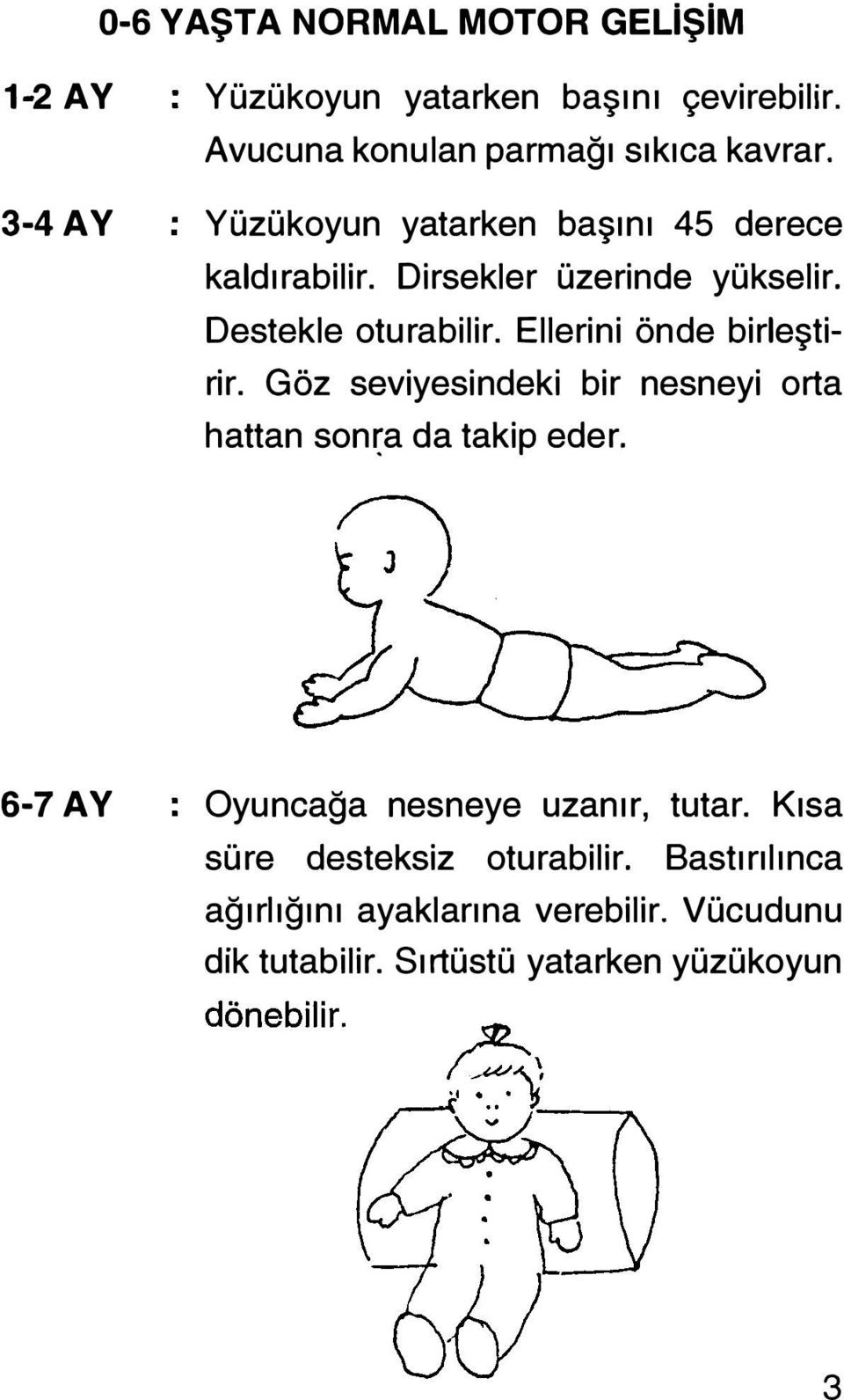 Destekle oturabilir. Ellerini önde birleştirir. Göz seviyesindeki bir nesneyi orta hattan son a da takip eder.