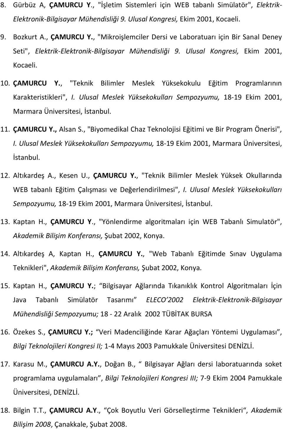 Ulusal Meslek Yüksekokulları Sempozyumu, 18-19 Ekim 2001, Marmara Üniversitesi, İstanbul. 11. ÇAMURCU Y., Alsan S., "Biyomedikal Chaz Teknolojisi Eğitimi ve Bir Program Önerisi", I.