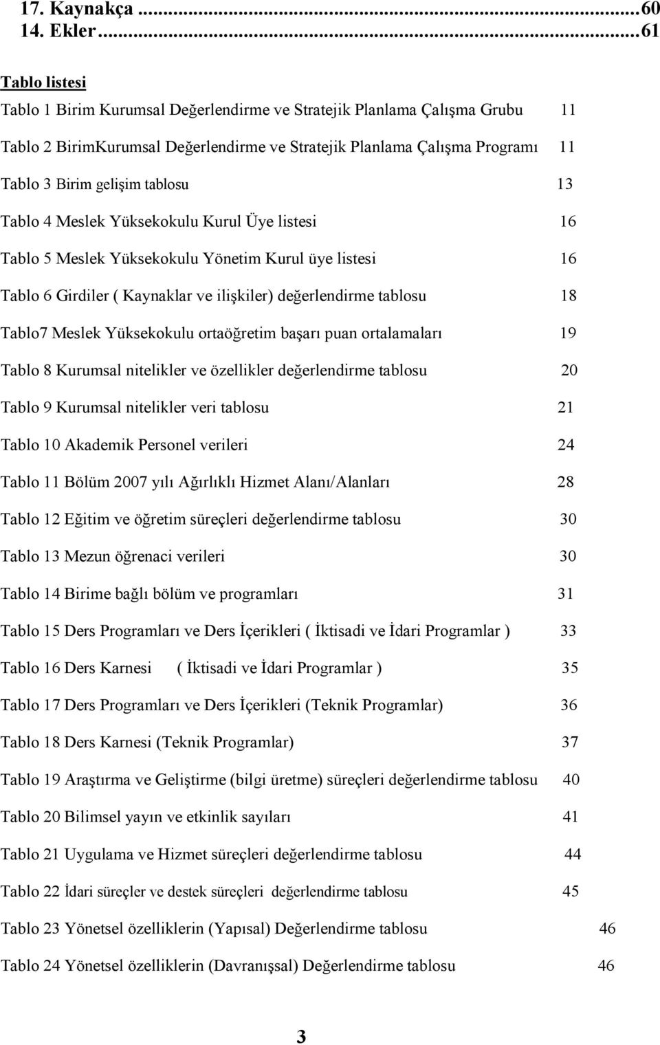 tablosu 13 Tablo 4 Meslek Yüksekokulu Kurul Üye listesi 16 Tablo 5 Meslek Yüksekokulu Yönetim Kurul üye listesi 16 Tablo 6 Girdiler ( Kaynaklar ve ilişkiler) değerlendirme tablosu 18 Tablo7 Meslek