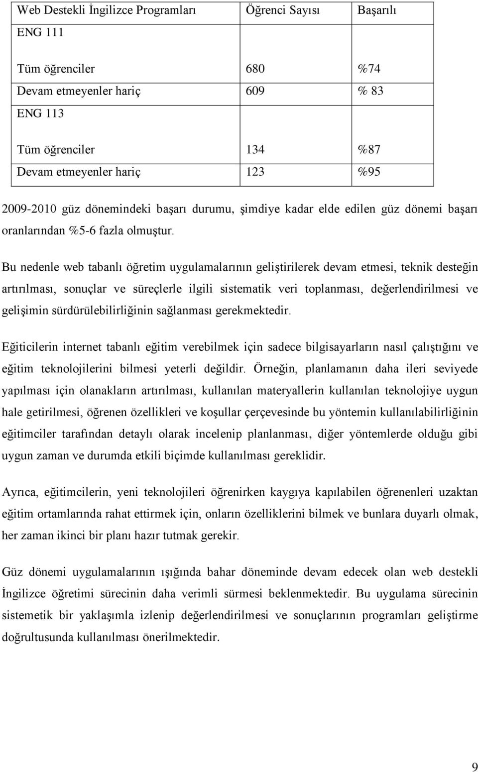 Bu nedenle web tabanlı öğretim uygulamalarının geliştirilerek devam etmesi, teknik desteğin artırılması, sonuçlar ve süreçlerle ilgili sistematik veri toplanması, değerlendirilmesi ve gelişimin