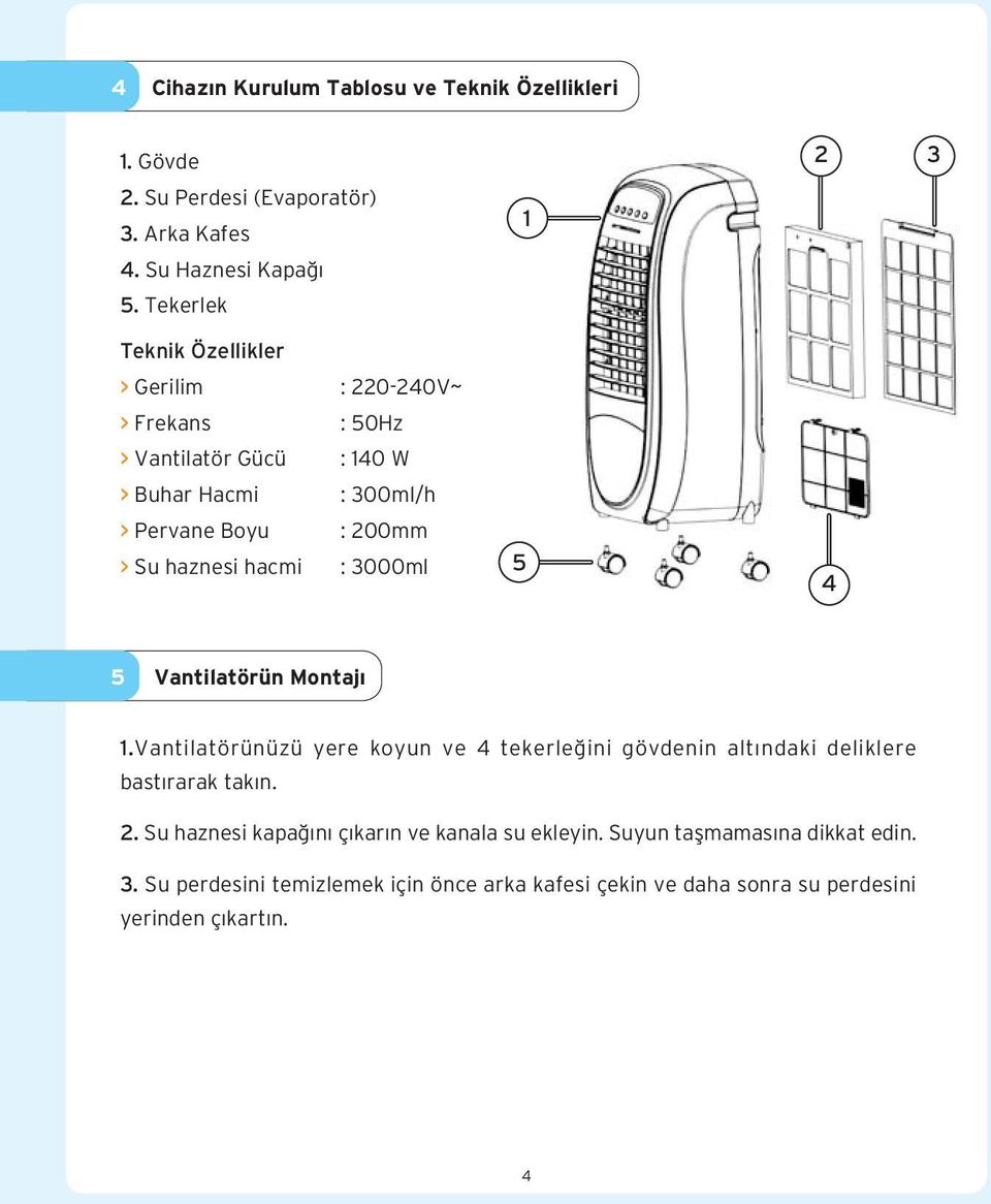 haznesi hacmi : 3000ml 1 5 2 3 4 5 Vantilatörün Montaj 1.Vantilatörünüzü yere koyun ve 4 tekerle ini gövdenin alt ndaki deliklere bast rarak tak n. 2. Su haznesi kapa n ç kar n ve kanala su ekleyin.