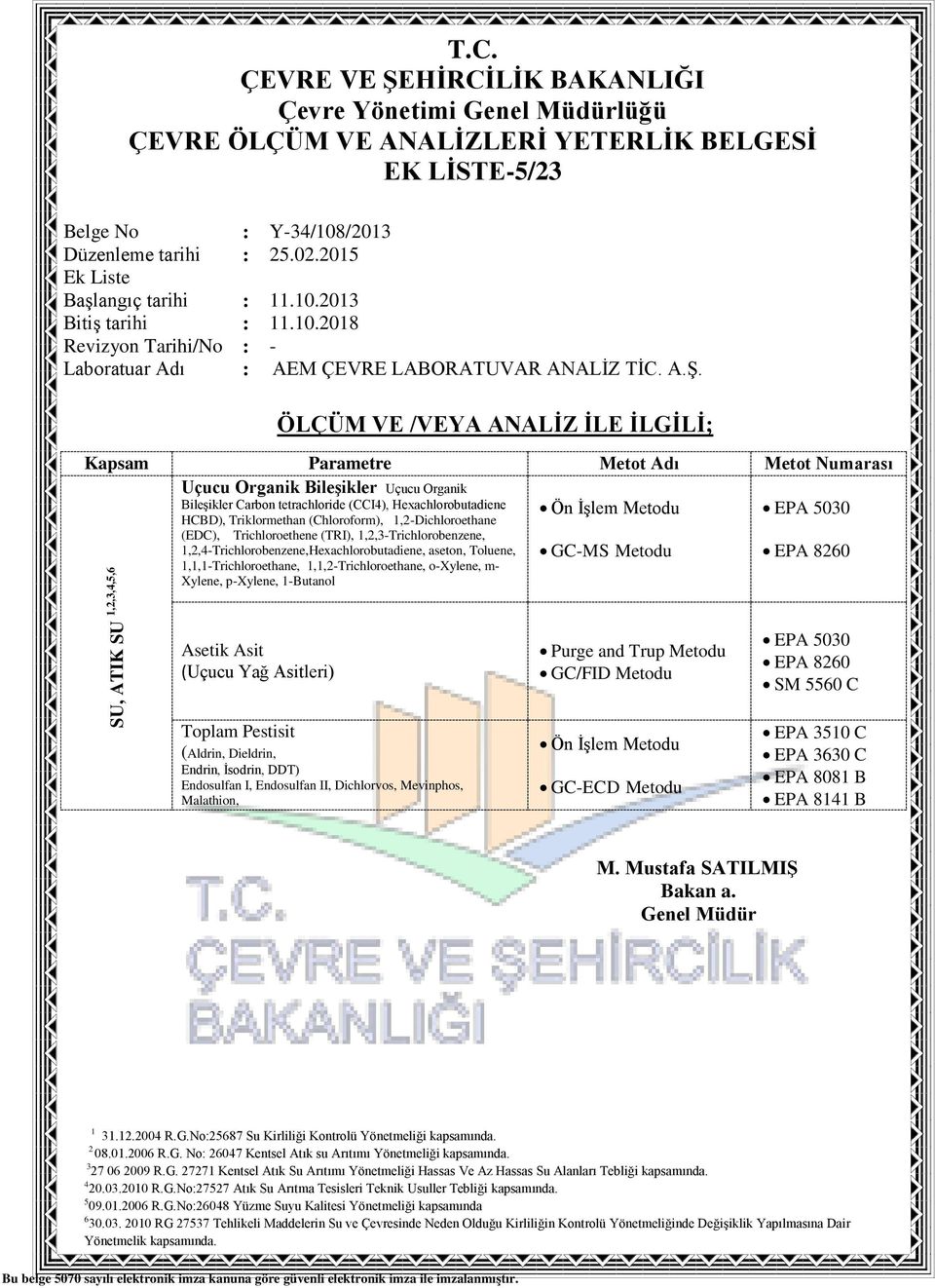 1,1,2-Trichloroethane, o-xylene, m- Xylene, p-xylene, 1-Butanol Asetik Asit (Uçucu Yağ Asitleri) Toplam Pestisit (Aldrin, Dieldrin, Endrin, İsodrin, DDT) Endosulfan I, Endosulfan II, Dichlorvos,