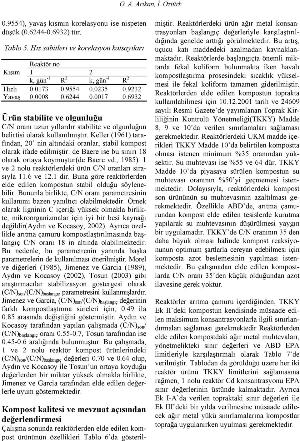 Keller (1961) tarafından, 2 nin altındaki oranlar, stabil kompost olarak ifade edilmiştir. de Baere ise bu sınırı 18 olarak ortaya koymuştur(de Baere vd., 1985).