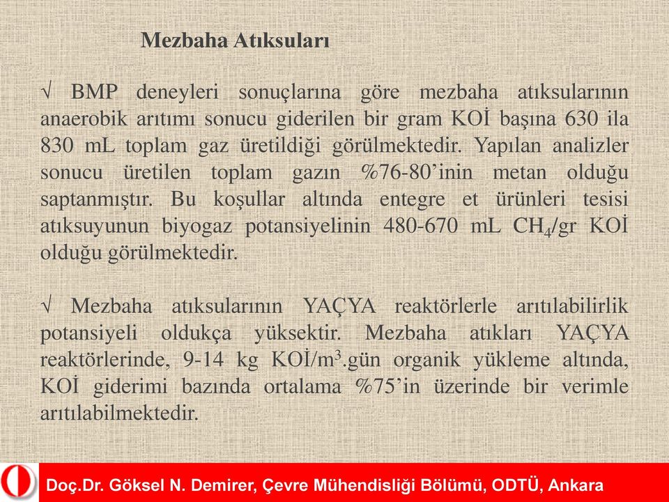 Bu koşullar altında entegre et ürünleri tesisi atıksuyunun biyogaz potansiyelinin 480-670 ml CH 4 /gr KOİ olduğu görülmektedir.