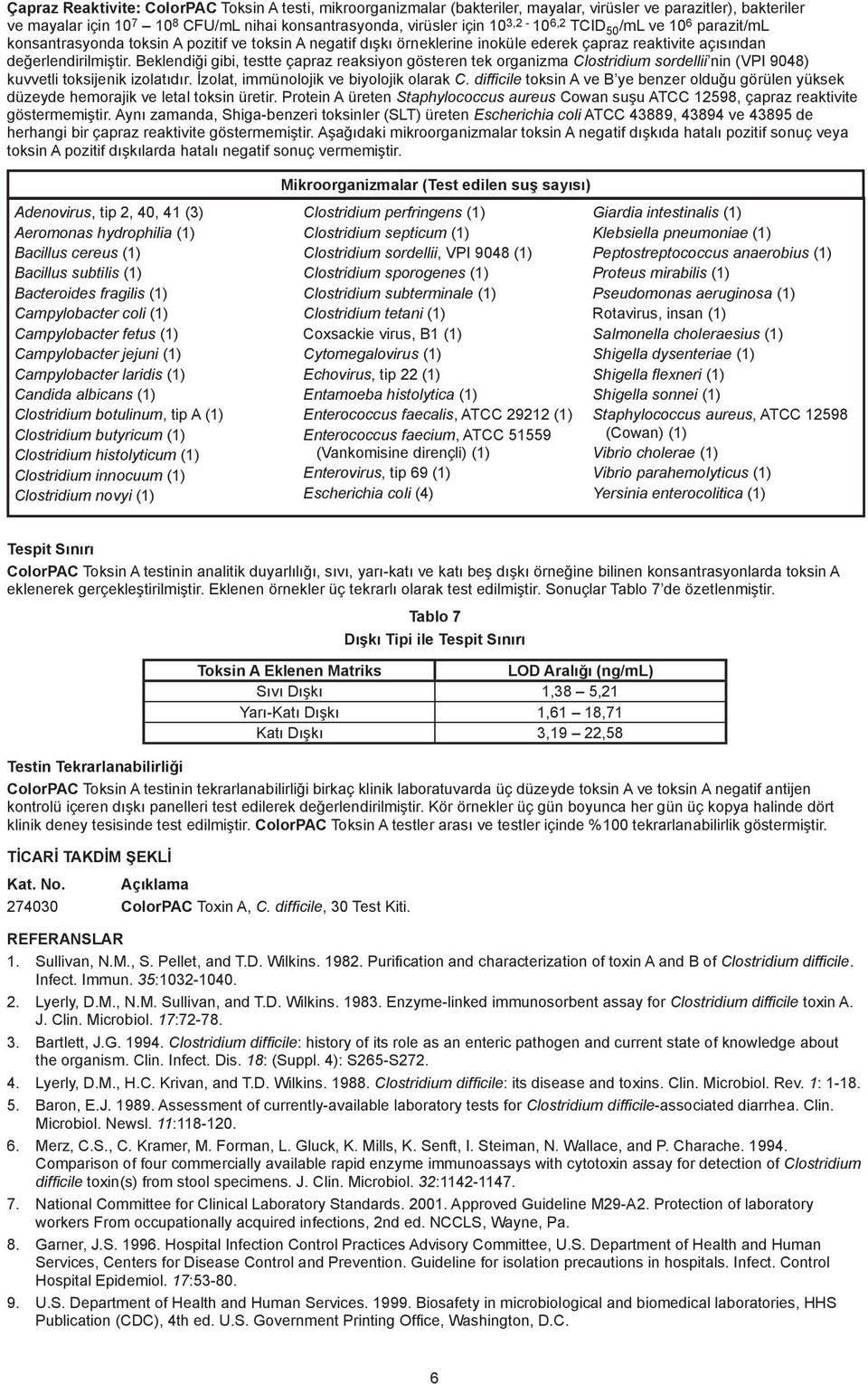 Beklendiği gibi, testte çapraz reaksiyon gösteren tek organizma Clostridium sordellii nin (VPI 9048) kuvvetli toksijenik izolatıdır. İzolat, immünolojik ve biyolojik olarak C.