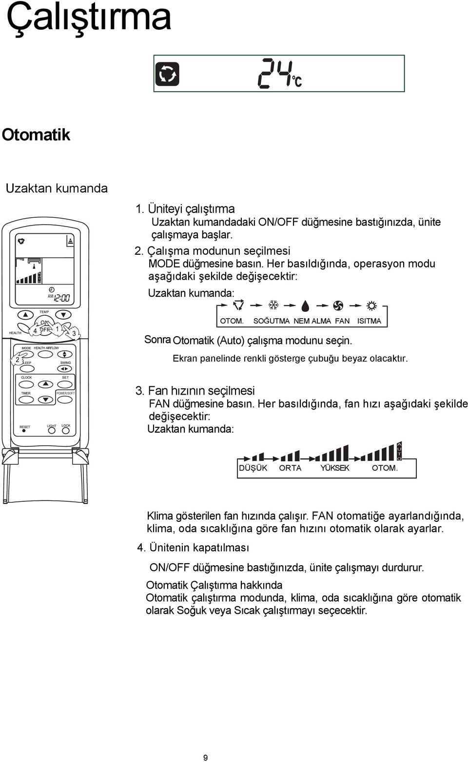 Ekran panelinde renkli gösterge çubuğu beyaz olacaktır. 3. Fan hızının seçilmesi FAN düğmesine basın.