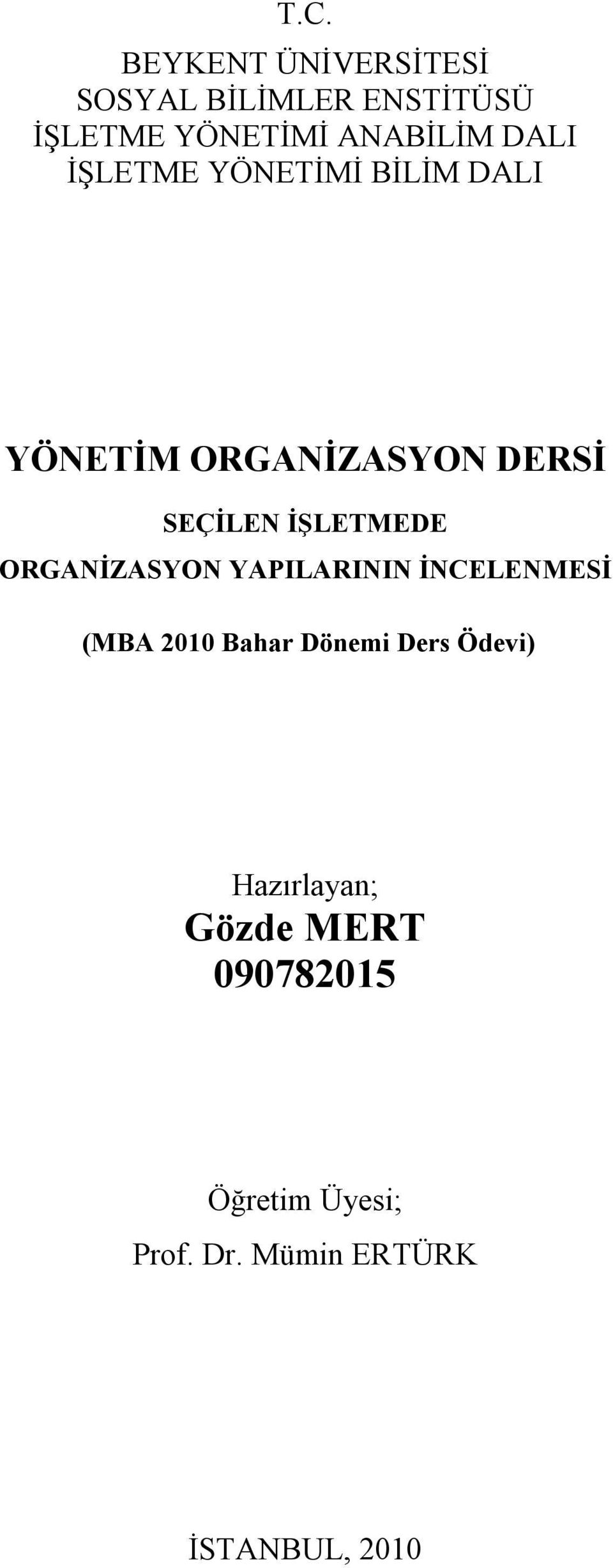 ORGANİZASYON YAPILARININ İNCELENMESİ (MBA 2010 Bahar Dönemi Ders Ödevi)